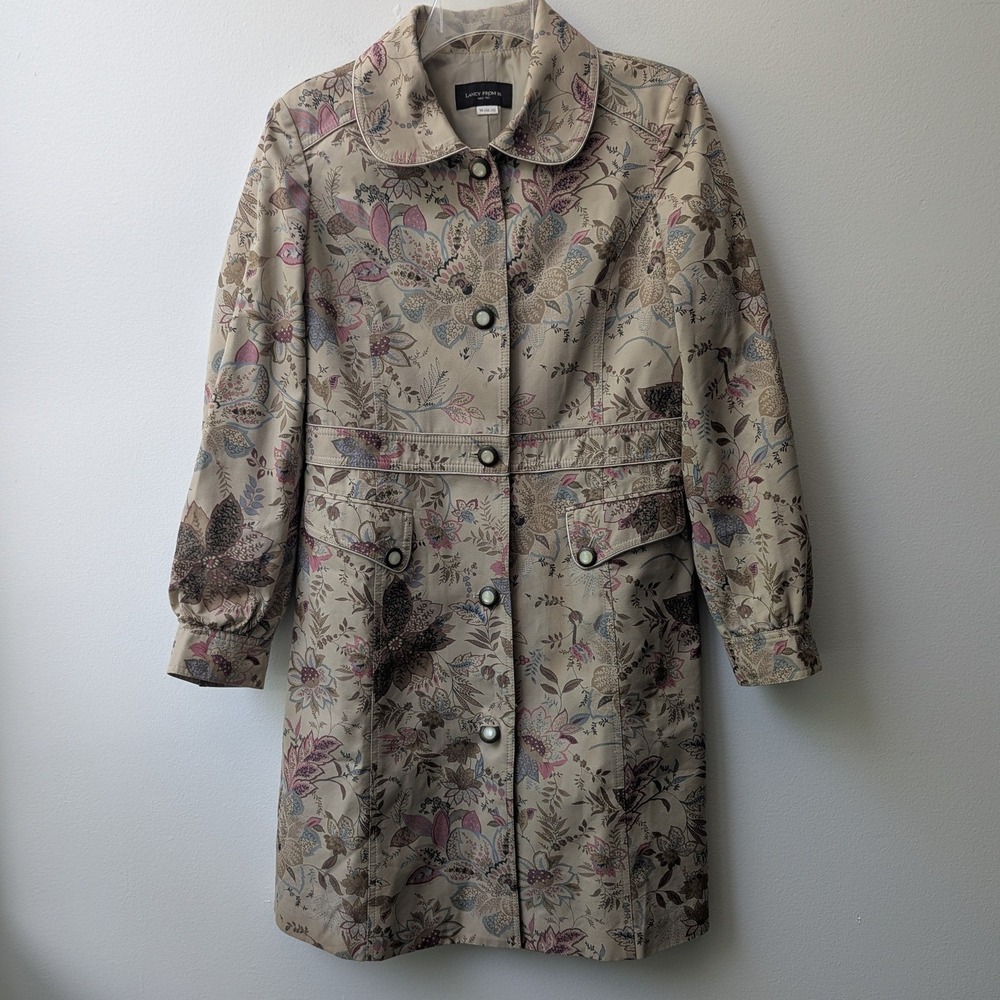 Vtg Floral Paisley Trench Coat Tan Pink Measures Sz M Cottagecore Victorian